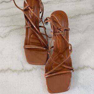 AZALEA WANG Tan Strappy Square-Toe Lace-Up Heels